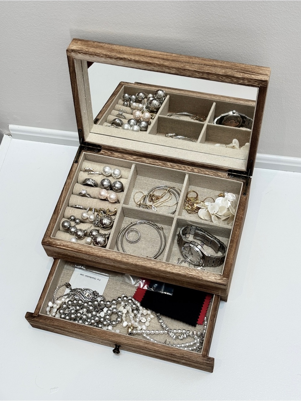Wood Jewelry Organizer Box with Mirror- Jewelry Excluded